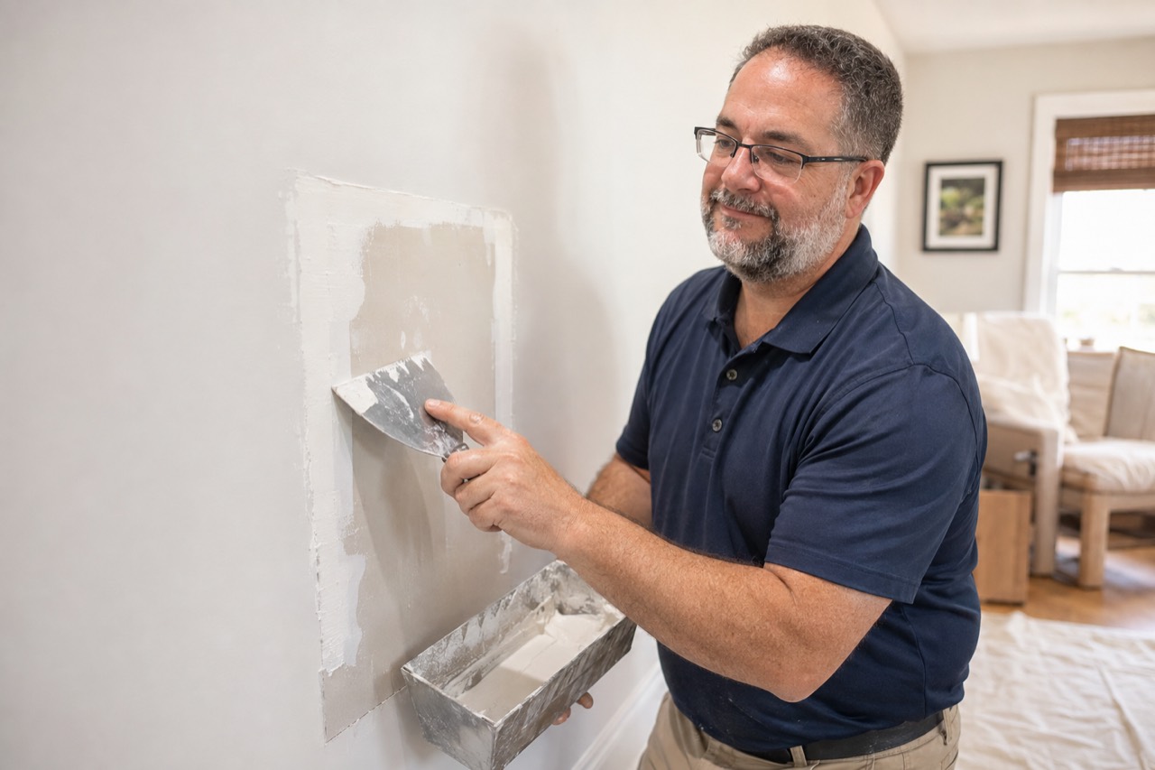 Jamie Boyd applying joint compound during a drywall repair