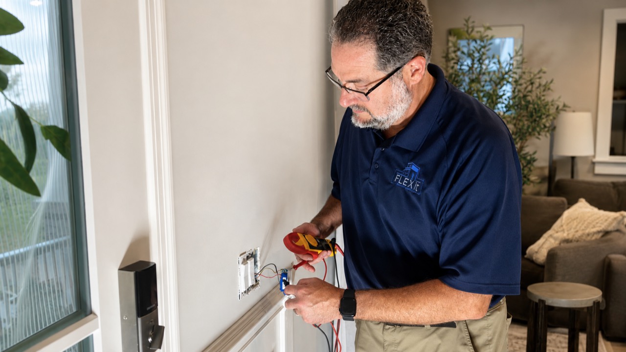 Jamie Boyd using a multimeter at a wall switch during minor electrical work