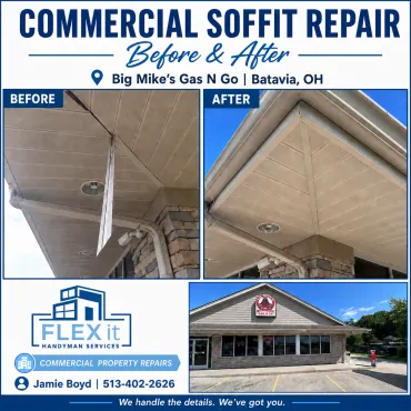 Commercial soffit repair before-and-after graphic for Big Mike's Gas N Go in Batavia, Ohio